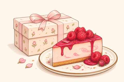 Raspberry Rose Cloud cheesecake slice and gift box
