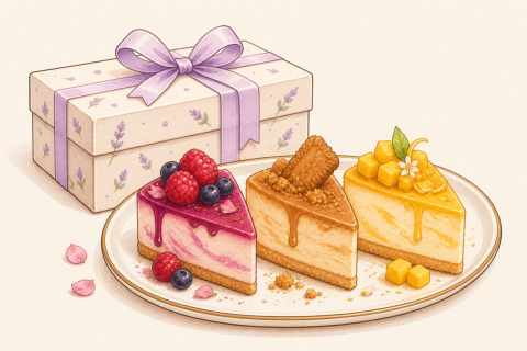 The Sampler Trio cheesecake slices and gift box